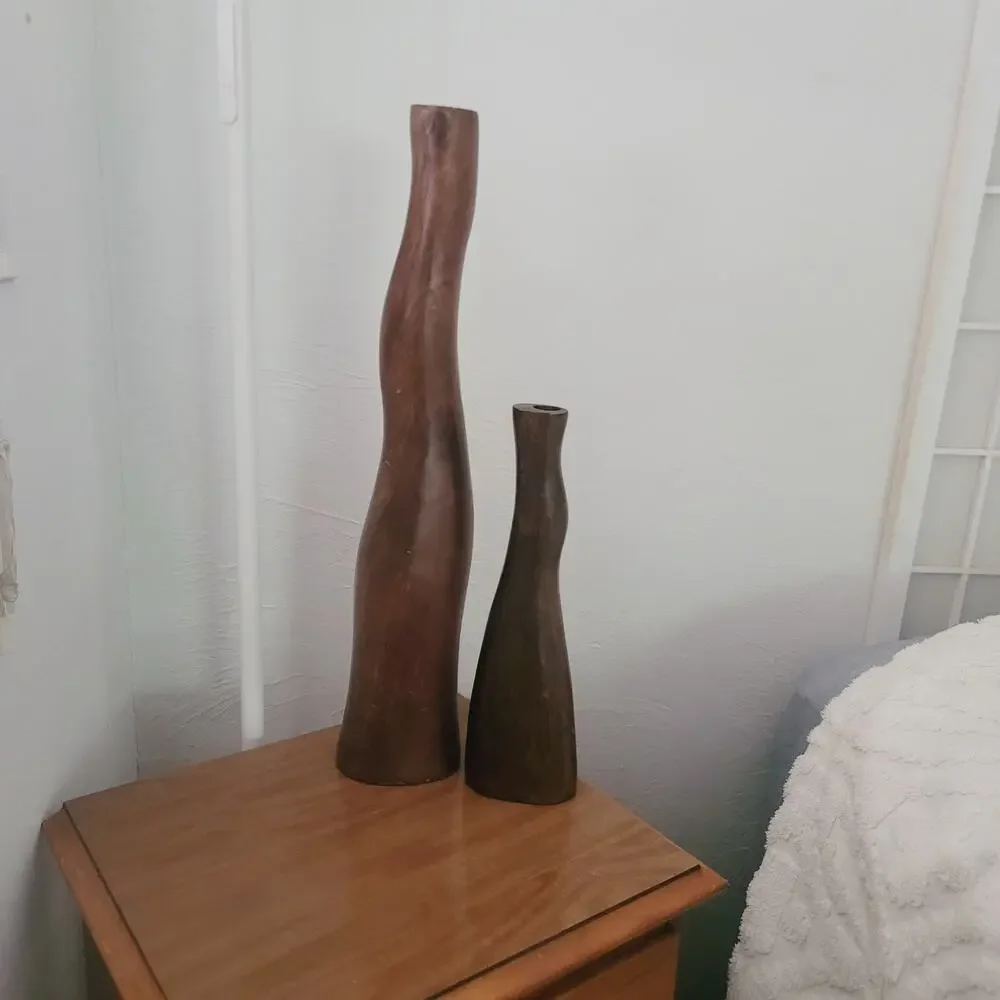 Vintage MCM  Hand Carved Wooden Vases Set Organic Minimalist Boho 20" and 12" - Picture 2 of 7
